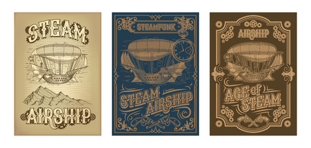 Set vector steampunk posters, illustrations of a fantastic wooden flying ship in the style of engraving with decorative frame of gears and pistols.のイラスト素材