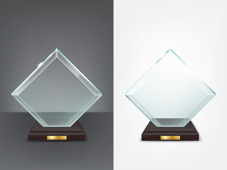 Realistic square glass trophy, sport and business award, prize to the winner of the competition, winning cup, vector isolated illustration, front viewのイラスト素材