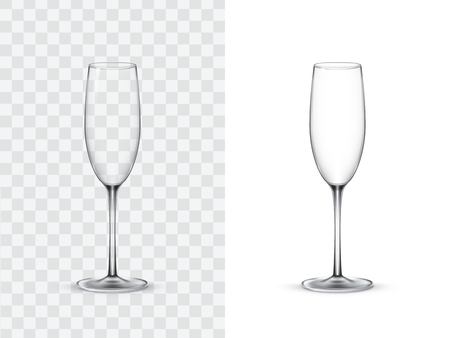Realistic wine glasses, champagne flute, vector illustration isolated on white and transparent background. Mock up, template of glassware for alcoholic drinksのイラスト素材