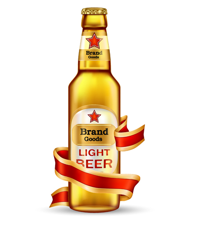Brand labeled light brown glass bottle with light beer and red ribbon, realistic vector isolated on white background. Template for classic craft beer ad, package design mock upのイラスト素材