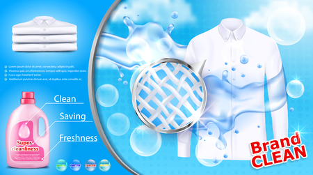 Vector realistic banner with detergent stain remover in pink plastic bottle on blue background with white shirt soap bubbles and close-up of fiber structure. Mockup package design laundry detergent adのイラスト素材
