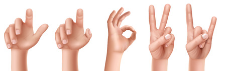 Set of vector illustrations of male or female hand gestures with a raised finger up, an ok sign, victory, a goat isolated on a white background.のイラスト素材
