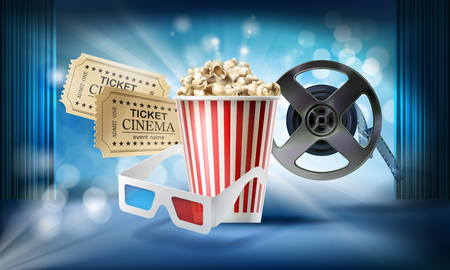 Cinema blue background. Concept 3d vector illustration with objects of film industry bucket with popcorn, glasses, movie tickets, reel, stage, curtain. Design template for poster, ad, bannerの写真素材