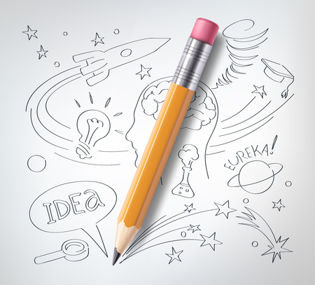 Vector realistic pencil on paper with sketch creative education, science hand drawn doodles symbols. Concept of idea, eureca, study, research and development. White background illustrationのイラスト素材