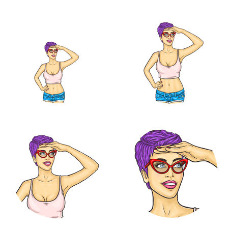 Set of vector pop art round avatar icons for users of social networking, blogs, profile icons isolated. Purple short hair girl in glasses summer clothing waiting, covering face from bright sun by handのイラスト素材