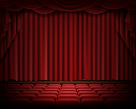 Open red stage curtain realistic vector illustration. Grand opening concept, performance or event premiere poster, announcement banner template with theater stage.のイラスト素材