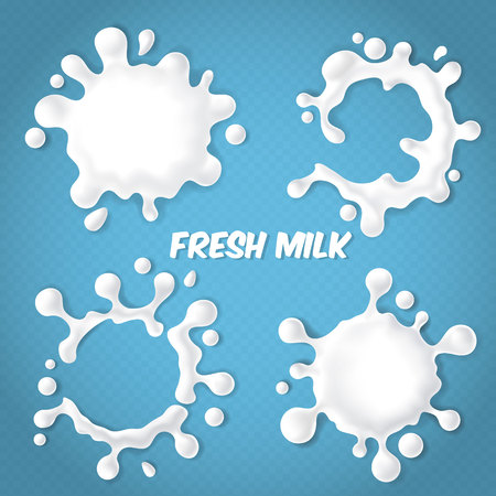 Vector set of realistic milk splashes with drops isolated on blue transparent background. Fresh natural dairy products, cream or yogurt blots, abstract white shapes. Milky labels for package design.のイラスト素材