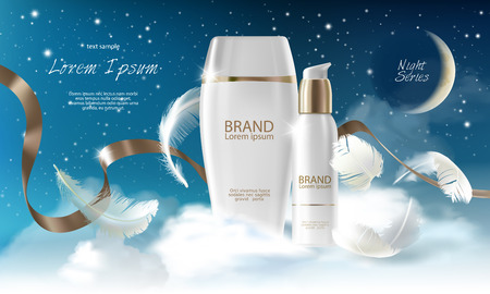 Vector realistic skin care cream night series. Jar, spray, container with cosmetic cream on night background with clouds. 3d template mock up for branding to promote luxury cosmetic product.のイラスト素材