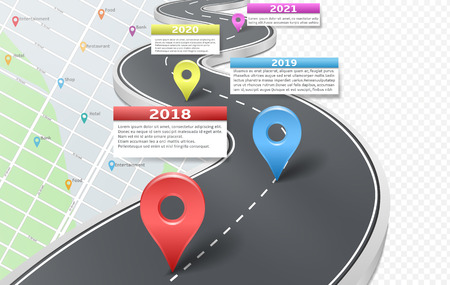 Vector company corporate milestone, history timeline, business presentation layout, infographic strategic plan workflow, navigation background. Car road with years, marks, pointers, concept templateのイラスト素材