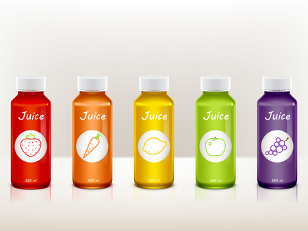 Vector set of realistic juice bottles isolated on background. Plastic colorful containers for fruit and vegetable drinks with labels, grape, lemon, apple, carrot, strawberry. Mockup for package designのイラスト素材