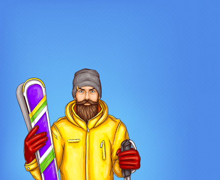 Pop art skier man vector sketch illustration. Hipster adult man bearded in winter sport modern yellow skiing jacket outfit, gloves and knitted hat holding skies isolated on blue backgroundのイラスト素材
