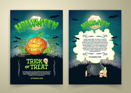 Halloween trick or treat party vector posters template or invitation card. Cartoon scary pumpkin, skull and witch pot, black bats and full moon over haunted cemetery for Halloween holiday party designのイラスト素材