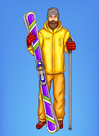 Pop art skier man vector sketch illustration. Hipster bearded adult boy holding ski and sticks in hands.のイラスト素材