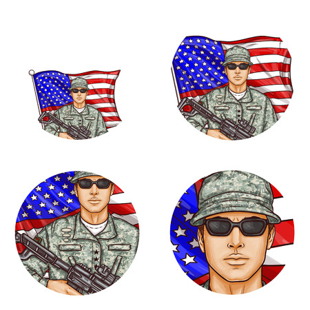 Set of vector pop art round avatar profile icons for users of social networking, blogs. American male soldier in uniform, glasses holding machine gun against US flag. Memorial, independence day symbolのイラスト素材