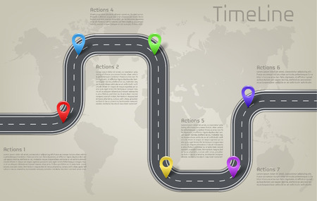 Vector company corporate car road on world map milestone, timeline business presentation layout infographic strategic plan workflow with pointer marks, action steps.のイラスト素材