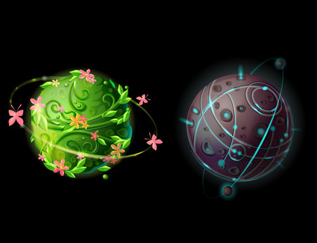 Cartoon fantastic planets and worlds set. Cosmic, alien space elements for game design. Illustration with green plants galaxy with butterflies and flowers, stone planet with satellites and craters.のイラスト素材