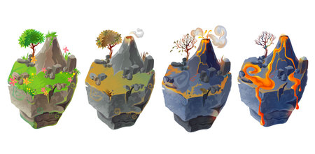 Vector isometric 3d fantastic islands for game design set. Cartoon illustration with green grass, tree, flowers and mountain and volcanic landscape with lava, burned ground and volcano isolated.のイラスト素材