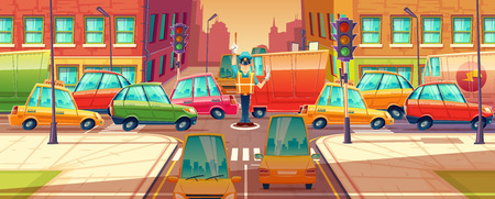 Vector illustration of city crossroads, traffic jam, transport moving, vehicles navigation. Urban highway, crosswalk with traffic lights, machines, automobiles. Town viewのイラスト素材