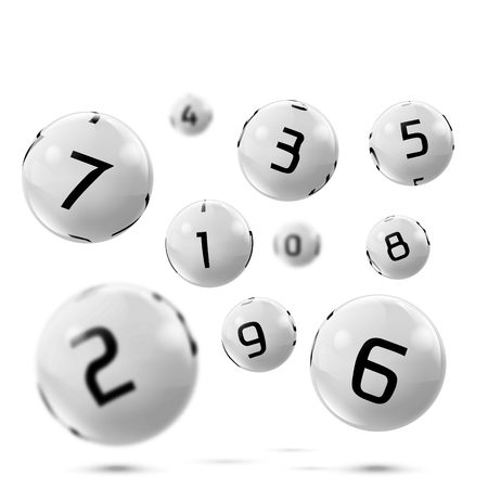 Vector lotto white balls with numbers. Falling lottery bingo gambling spheres. Snooker, billiard sport game realistic isolated illustration with reflections on white background.のイラスト素材