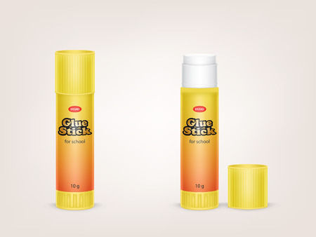 Vector realistic yellow tubes of glue stick, with open lid and closed, with label and brand information isolated on background. Container with adhesive for office and school. Mockup for package designのイラスト素材
