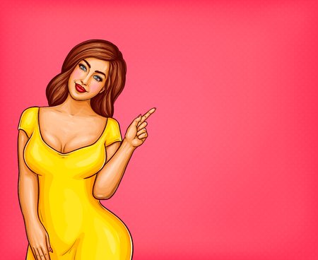 Vector fat, obese brown-haired model, pop art xxl, plus size woman in yellow dress pointing a finger at discounts, sale. Fashion illustration. Concept for internet, design.のイラスト素材