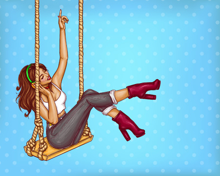 Vector sexy disco woman on swing in headphones, fashion jeans with high heel shoes. Pop art glamor music lover in earphones concept illustration. Advertising, promo, internet design backgroundのイラスト素材