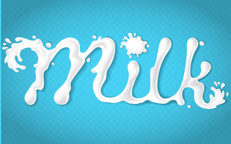 Vector 3D realistic word milk with liquid splashes, abstract background with milky letters. Text made of white flowing cream or yogurt. Creative typography for package design, branding promotion, adのイラスト素材
