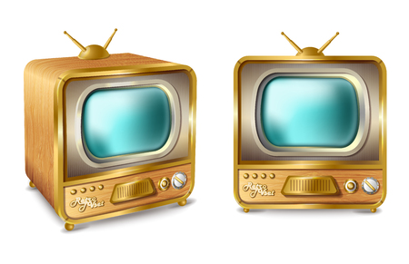 Vector cartoon retro vintage tv set with antenna. Old style television box home video, movie news broadcast company advertising design object. Blank blue screen, front side view isolated illustrationのイラスト素材