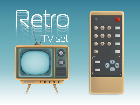 Retro TV set and remote control vector illustration. Vintage screen display television retro icons design for news broadcasting or entertainment poster and internet media technology bannerのイラスト素材
