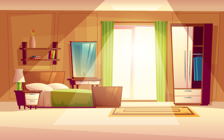 Vector cartoon illustration of a cozy modern bedroom, living room with double bed, bookshelf, cupboard, window, dresser, carpet, interior inside. Colorful background, apartment concept with furnitureのイラスト素材