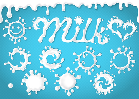 Vector set of milk seamless pattern, splashes, dripping, blots, spots. Abstract collection of stains of dairy product isolated on blue background. Milky liquid elements splashing shapes. White drops.のイラスト素材