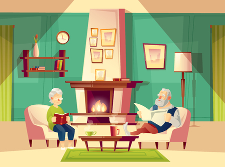 Cartoon vector background with old man and woman, who sit in armchairs near fireplace, rest, read book and newspaper. Modern interior of living room with furniture. Family life concept illustration.のイラスト素材