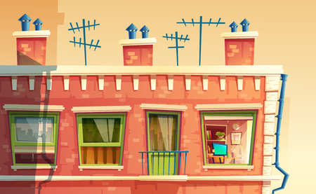 Vector illustration of facade multi-storey apartment, home outside concept, roof of the building with tv antennas. Architecture in cartoon style. Advertising, promotion background.のイラスト素材
