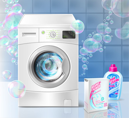 Vector realistic promotion banner of liquid detergent for laundry, with washing machine and soap bubbles on blue background. Mockup with plastic bottle and box for brand advertising, promo posterのイラスト素材
