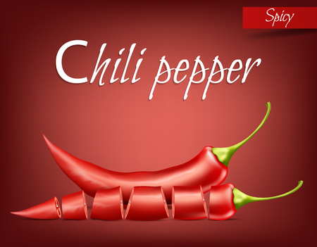 Vector realistic illustration of hot chili pepper, whole and sliced, isolated on background.のイラスト素材