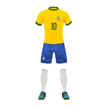 Vector realistic soccer uniform of   Brazil team. Mockup of Brazilian football outfit in colors of national flag, front viewのイラスト素材