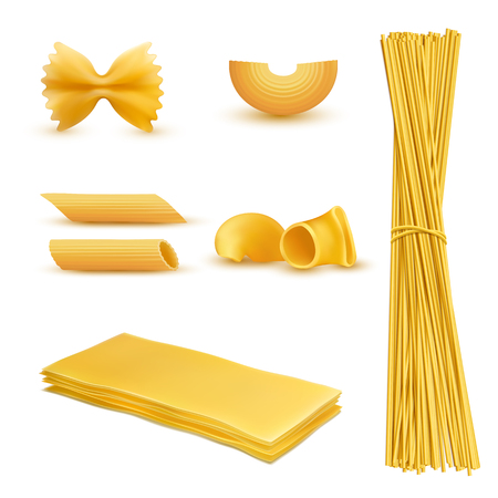 A Vector 3d realistic set of dry macaroni in various shapes, pasta, lasagna, farfalle, spaghetti, rigatoni, penne isolated on background. Traditional italian cuisine, natural food rich in carbohydratesのイラスト素材