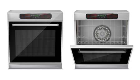 A Vector 3d realistic compact oven with touch menu, with pre-set cooking programs, with open and close door, front view isolated on background. Built-in household appliance, modern multifunction stoveのイラスト素材