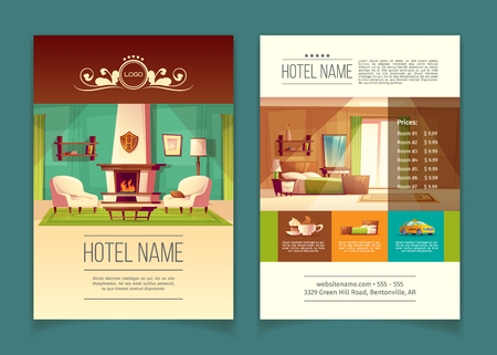 Vector cartoon colorful brochure, advertising leaflet with hotel apartments, rooms with furniture, interior inside.のイラスト素材