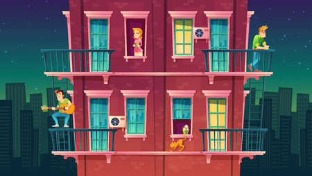 residential multi-storey apartment, neighborhood, house outside with people concept, private building with fire escapes. Leisure time in dormitory. Architecture in cartoon style.のイラスト素材
