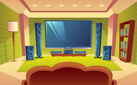 Vector cartoon home theater, audio video system with remote control inside the hall. Plasma monitor on the wall, tv, speakers, sofa, furniture. Modern interior, electronic device with stereo surroundのイラスト素材