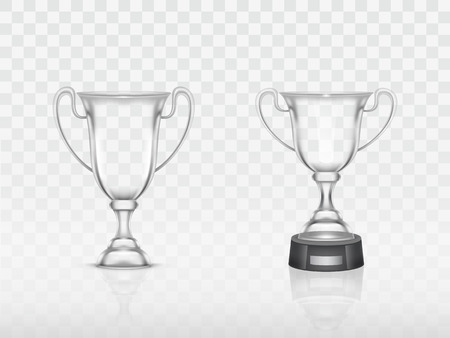 Vector 3d realistic cup, transparent glass trophy for winner of competition, championship. Shiny crystal goblet for success, victory. Reward, prize isolated on white background. Achievement designのイラスト素材