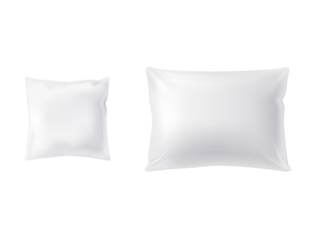 Vector realistic set of two white pillows, square and rectangular, soft and clean, top view isolated on background. Object for sweet dreams in bedroom, mockup with blank cushions for your designのイラスト素材