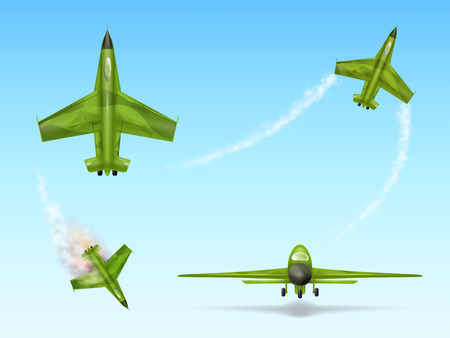 Vector set of military aircraft, fighter jet. Camouflage combat plane in different views, downed aviation, air vehicle, war airplane isolated on background. Army force, modern bomber in flat style.のイラスト素材