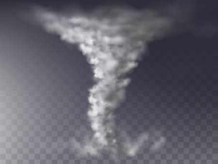 Vector 3d realistic tornado, grey hurricane isolated on transparent background. Wind cyclone, twisted vortex, natural phenomenon - the reason of destruction, catastrophe.のイラスト素材