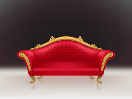 Vector realistic luxurious red velvet sofa with golden carved legs on black background, white floor. Gilded antique royal couch in victorian style. Interior concept, vintage setteeのイラスト素材