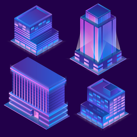 Vector 3d isometric modern buildings in cartoon style with neon illumination. Urban skyscrapers with light in evening, night. Town exterior with luminosity, architecture. Residential constructionのイラスト素材