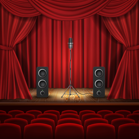 Vector illustration with microphone and loudspeakers on podium. Hall with red curtains for presentation. Stage for stand up, performance or lecture. Public scene for speech of orator.のイラスト素材