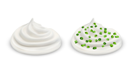 Realistic vector set of two handfuls of white sour cream, yogurt, sauce tartar, soft cheese, mayonnaise with sliced green chives isolated on background. Natural condiment for eating and cooking.のイラスト素材