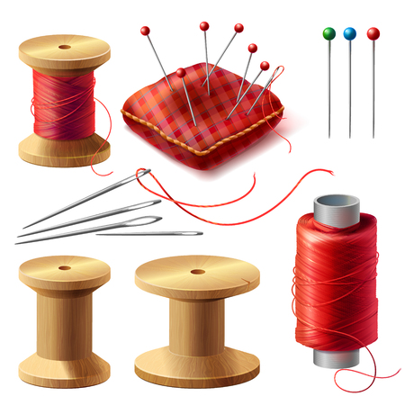 Vector realistic set of sewing supplies isolated on background. Tools for tailoring, needlework and clothing repair, red thread spools, wooden bobbins, needles kit, pins in decorative cushionのイラスト素材
